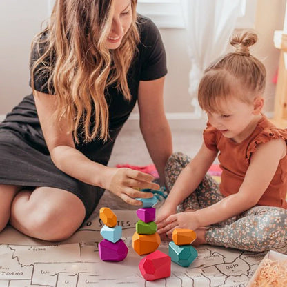 Wooden Rainbow Stones Building Blocks – Montessori Balancing and Stacking Toy