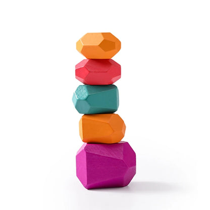 Wooden Rainbow Stones Building Blocks – Montessori Balancing and Stacking Toy