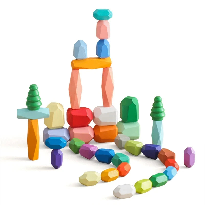 Wooden Rainbow Stones Building Blocks – Montessori Balancing and Stacking Toy