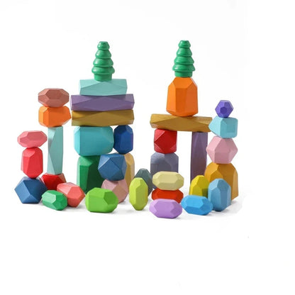 Wooden Rainbow Stones Building Blocks – Montessori Balancing and Stacking Toy