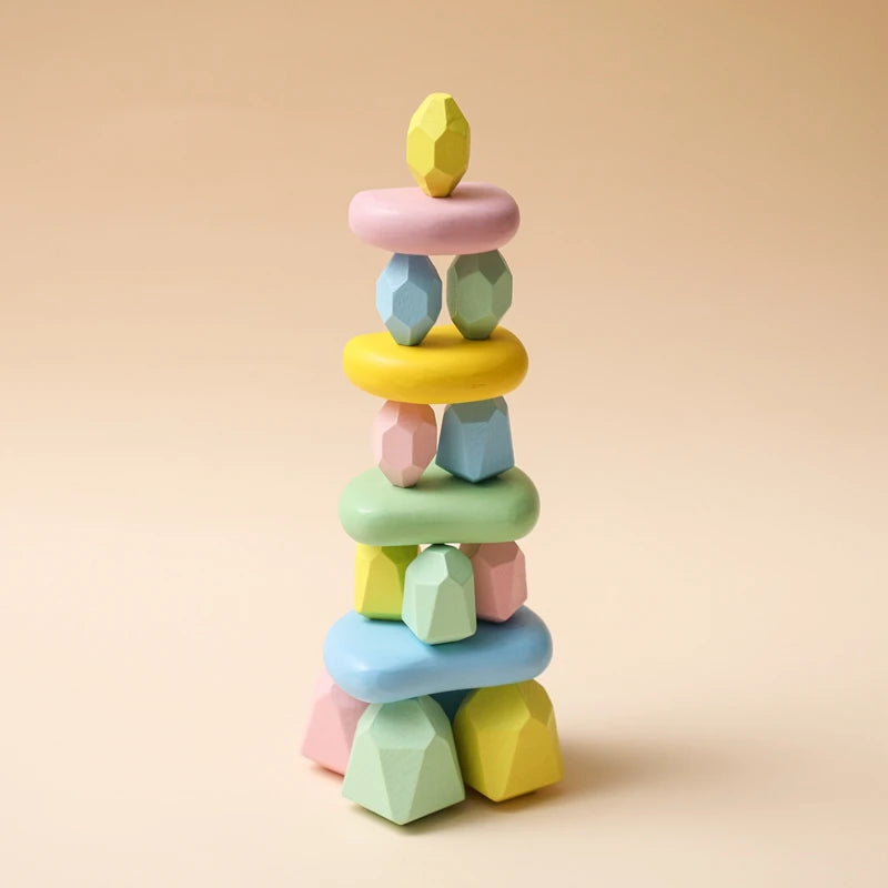 Wooden Rainbow Stones Building Blocks – Montessori Balancing and Stacking Toy