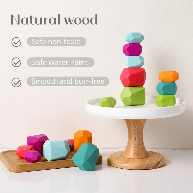 Wooden Rainbow Stones Building Blocks – Montessori Balancing and Stacking Toy