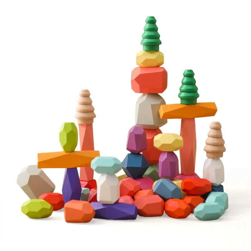 Wooden Rainbow Stones Building Blocks – Montessori Balancing and Stacking Toy