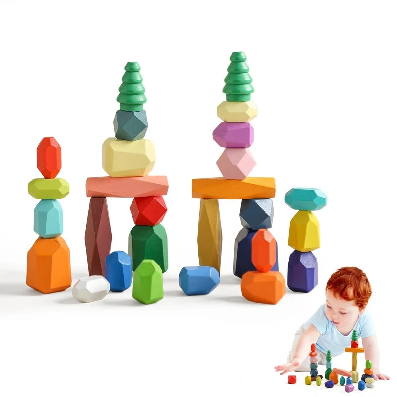 Wooden Rainbow Stones Building Blocks – Montessori Balancing and Stacking Toy